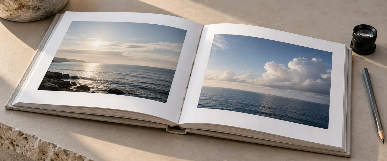 リネンの机に開いた写真集、余白のある海の写真の見開きと綴じ糸、ルーペと鉛筆、斜めからの柔らかな実写（編集用イメージ）